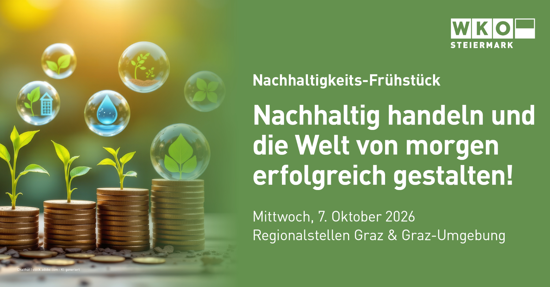 Bild zur Veranstaltung „Nachhaltigkeits-Frühstück“. Thema: Nachhaltigkeit und Zukunft gestalten. Datum: 7. Oktober 2026.
