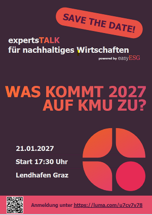 Einladung zum expertsTALK „Was kommt 2027 auf KMU zu?“ am 21.01.2027 im Lendhafen Graz.